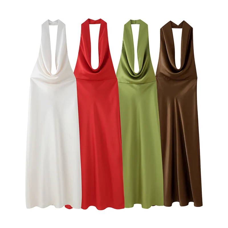 เดรสไหมซาตินแบบผูกคอ สไตล์ยุโรปและอเมริกา สำหรับฤดูร้อน รุ่นใหม่สำหรับผู้หญิง ความยาวปานกลาง