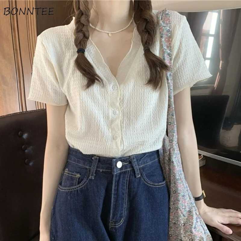 Koszule damskie solidny dekolt w serek koreański styl damski jednorzędowy w całości dopasowany Design letnia odzież typu Streetwear z krótkim rękawem Office Leisure Ins