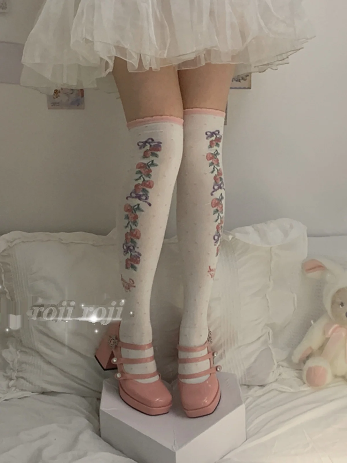 Erdbeer schnur Lolita Socken Frauen über dem Knie dicke Baumwolle bedruckte Spitze Lolita bedruckte japanische Blumen socken