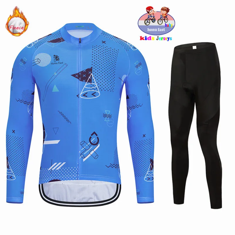 2023 Kids Long Sleeved Winter Thermal Fleece Cycling Jersey Sets Keep Warm Children Balance Bike Clothing Baby Pad Body Suits