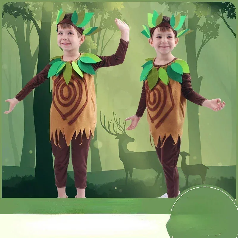مجموعات أزياء تنكرية مضحكة للأطفال شجرة مسرح الدراما للأداء المدرسي مع أوراق شجر ملابس للأطفال في الهالوين؛ 8