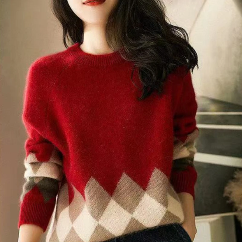 Women\'s Sweater Red Plaid Knit Tops for Woman Graphic Round O Neck Pullovers Jumper Winter Thermal Blouse Korean Style Clothes