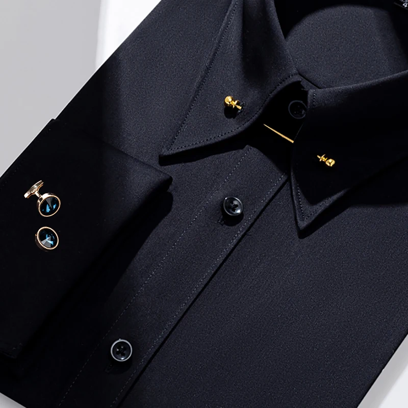 Men's Imperial Collar French Cufflink Shirt No Tie with Pinhole Long Sleeve Slim Fit Different Colour Collar Bamboo Fiber