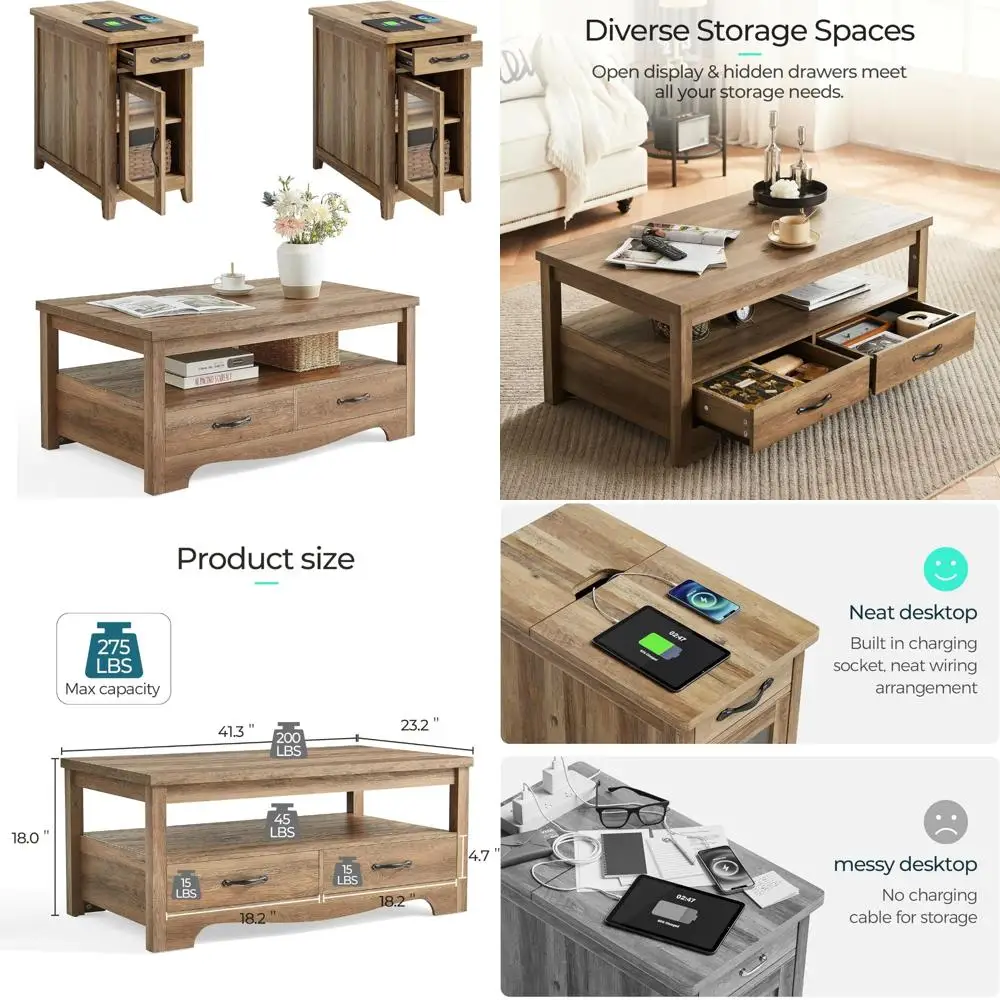 

Набор журнальных столиков для фермерского дома из 3 предметов с деревянным журнальным столиком диаметром 41 дюйм и 2 торцевыми столиками коричневого цвета