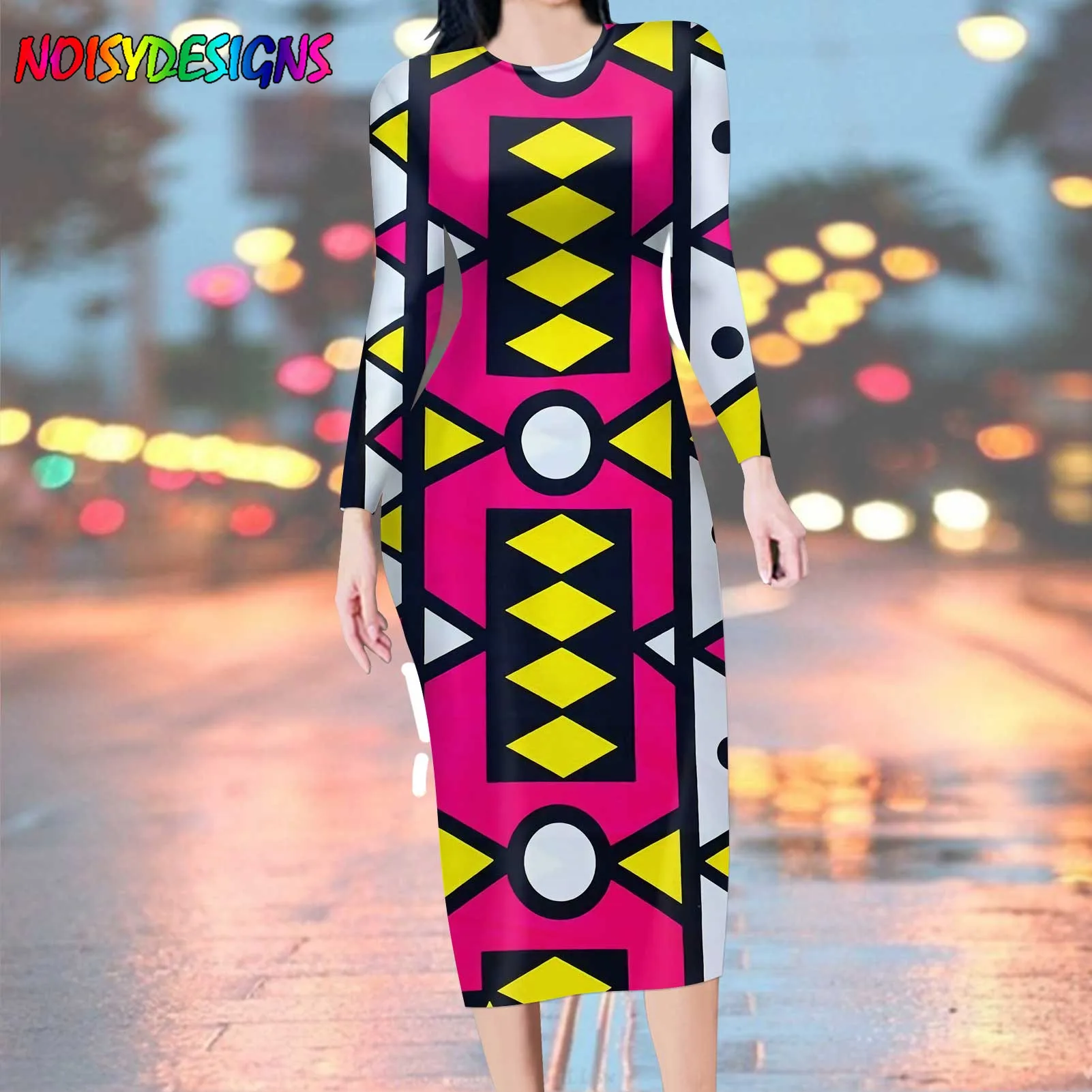 Noise Designs Ankara afrikanischen Druck Langarm schlanke Bodycon sexy Kleid Herbst Frauen Streetwear Party Kleider Outfits