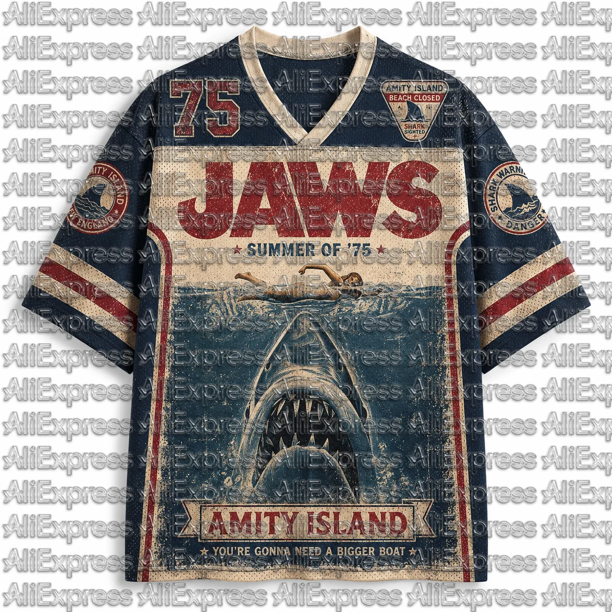 Retro Jaws Movie Ice Hockey Jersey Men's Mesh V-neck T-shirt 75 Retro Horror Movie Printed Street Sports Top