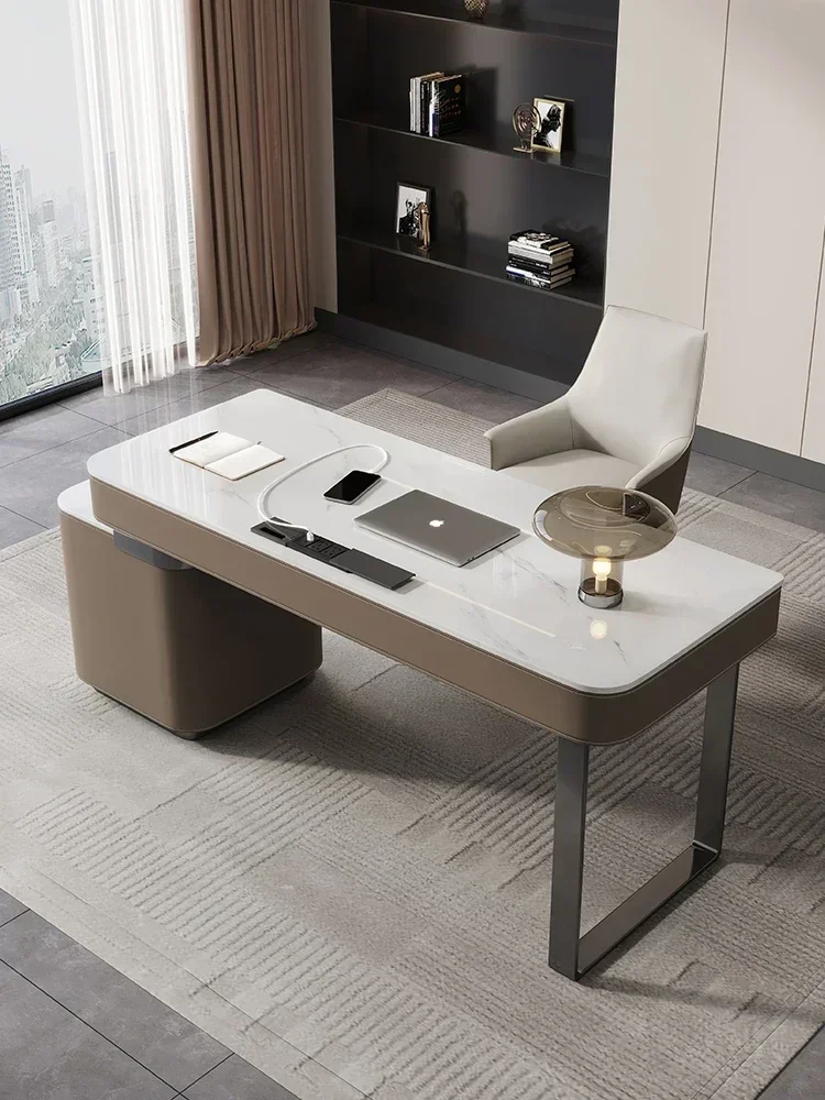 

FF cqySaddle Leather Stone Plate Desk Home Study Table Light Luxury High-End Designer Desk
