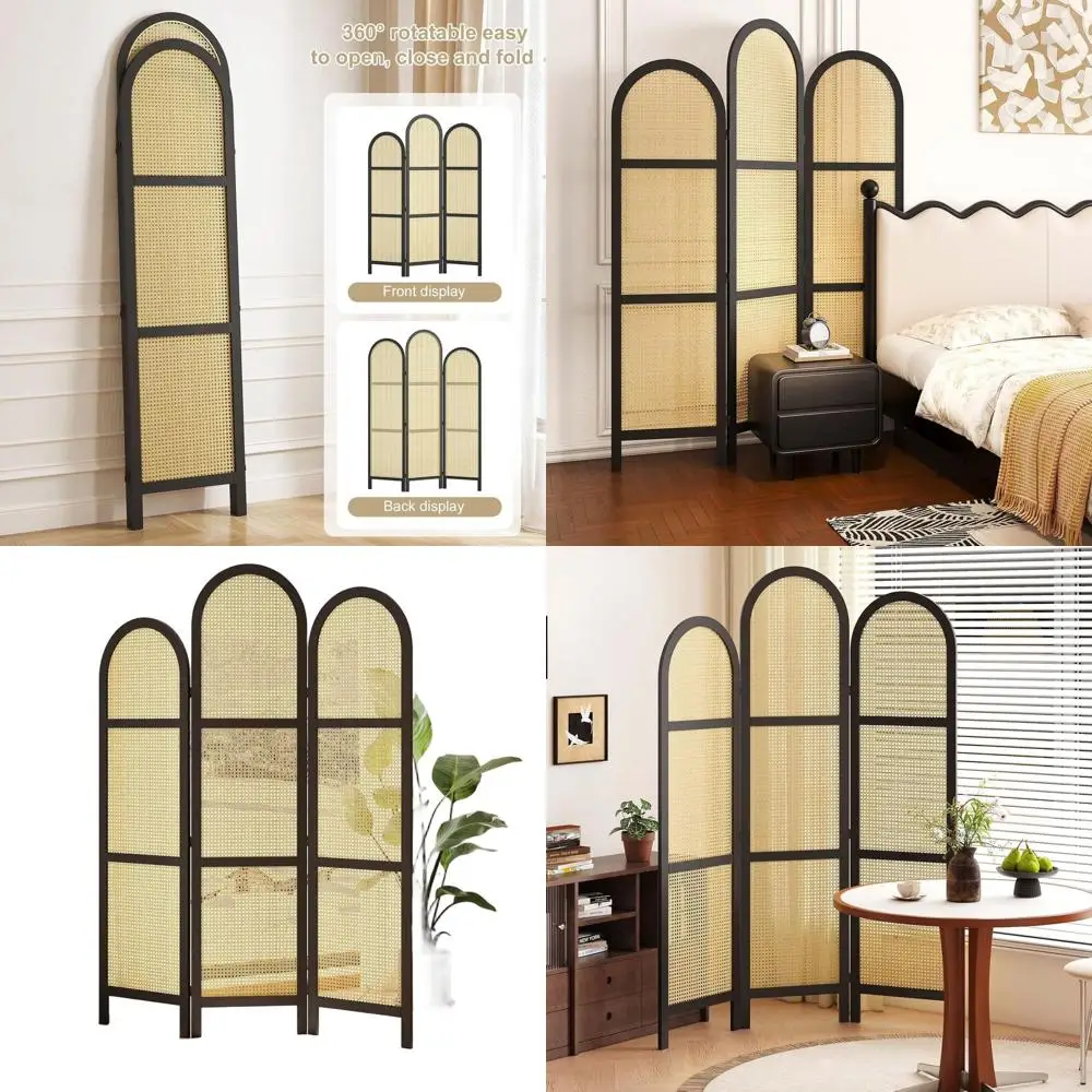

Высокая складная ширма из ротанга с деревянным каркасом - портативная перегородка для дома, офиса и ванной (черный волнообразный узор)