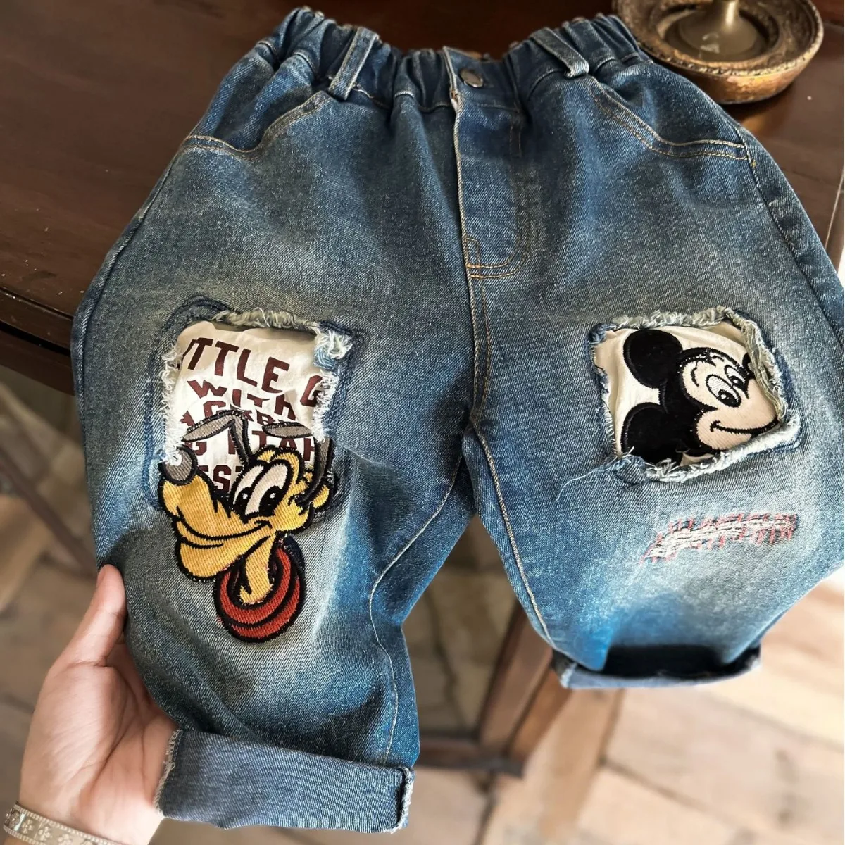 Baby Boys Girls Straight Jeans 2024 Spring Autumn New Kids Cartoon Mickey Mouse Embroidery Denim Pants Children Casual Trousers