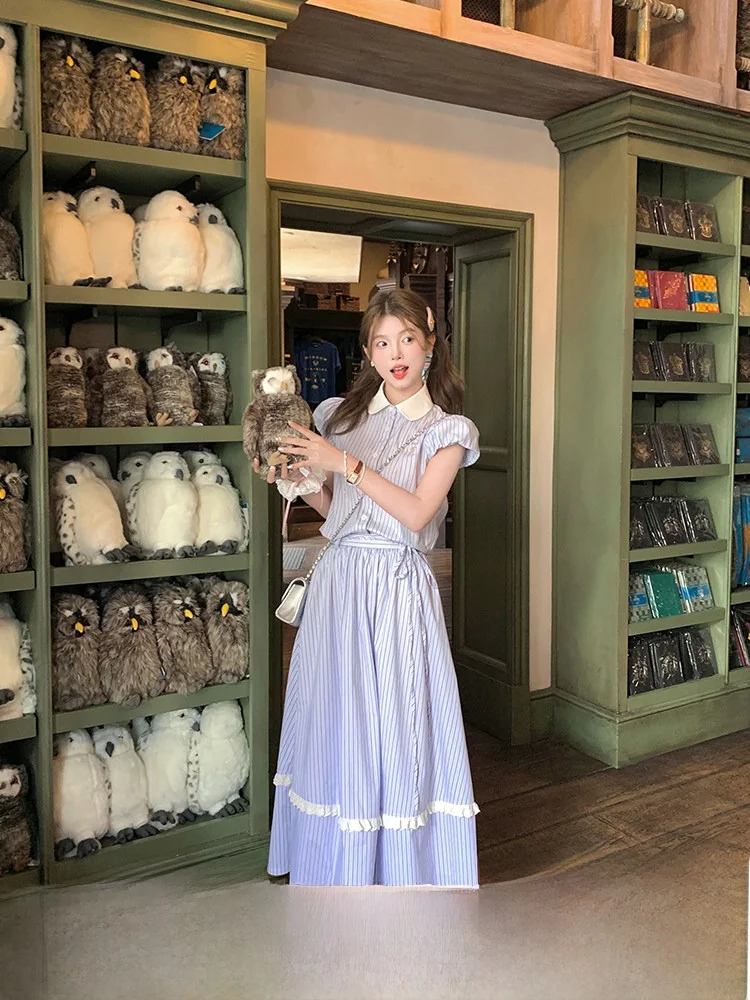 

Summer Women's irt And Skirt Set Striped High Waist ort Sve Doll Collar Midi Two-Piece Cotton Faion Ensemble