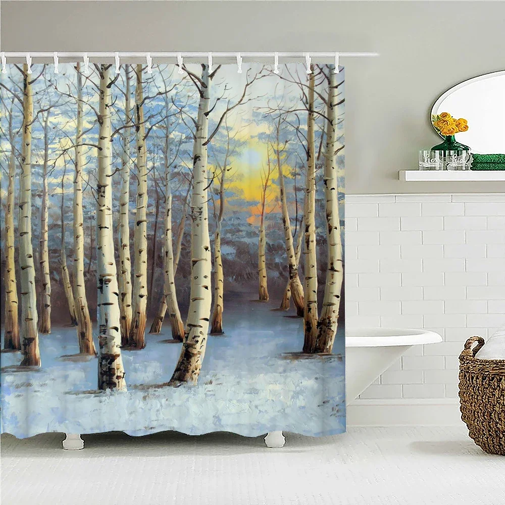 Birch Forest Trees Printed Shower Curtain Waterproof Fabric Oil Painting Landscape Bath Curtains for Bathroom Decor with Hooks