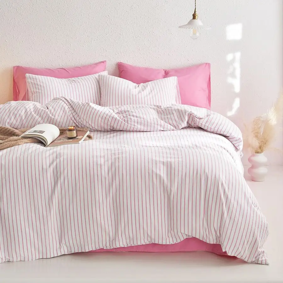 

Комплект постельного белья из 100% стираного хлопка с вертикальными полосками в стиле фермерского дома, текстурированный перкаль, 3 предмета