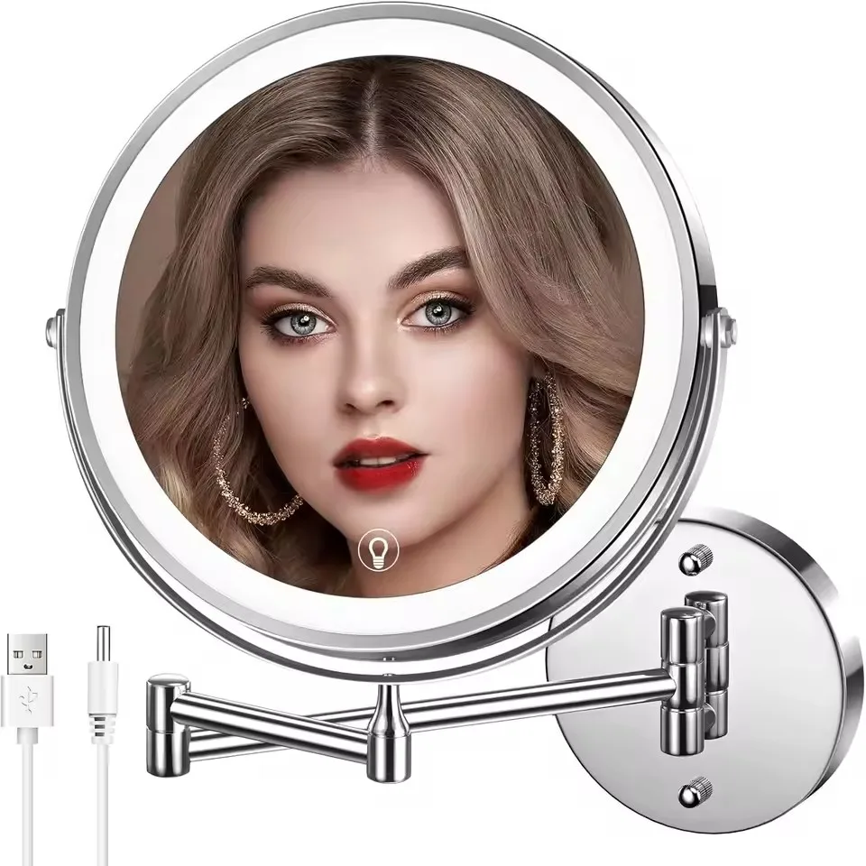 

8 inch Wall Mounted Makeup Mirror 1X/10X Magnifying Double Side Folding Arm Extend USB Charging Bathroom Smart Cosmetic Mirrors