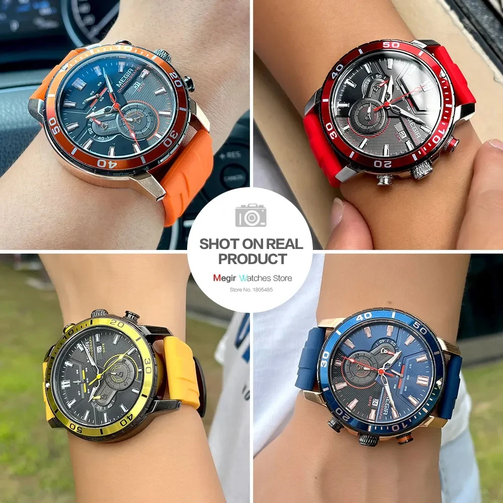 MEGIR 2224 Men's Quartz Watch Sport Fashion Creative Waterproof Silicone Strap Chronograph Night Light Date Watches for Man