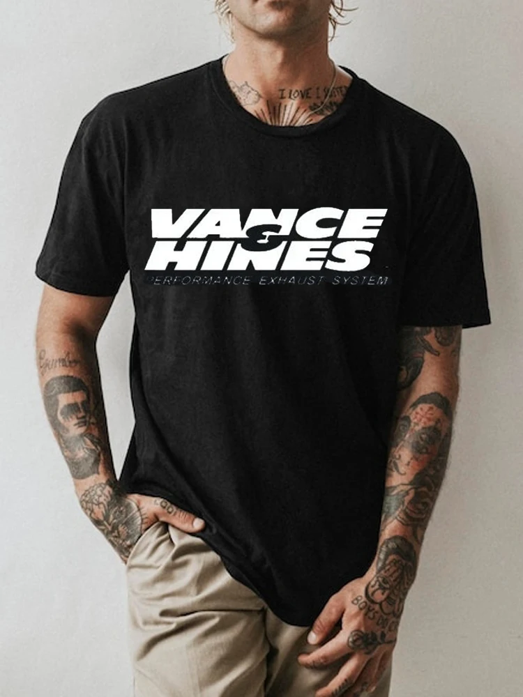 VANCE HINES Printed Fashion Man Cotton T-shirts Casual Motorcycle Racing Breathable Tee Oversized Loose Round Neck Harajuku Tees