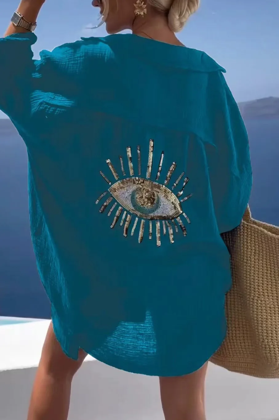 Casual brilhante lantejoulas mau olhado camisa feminina verão moda manga longa solta blusa longa streetwear turn-down colarinho algodão topos