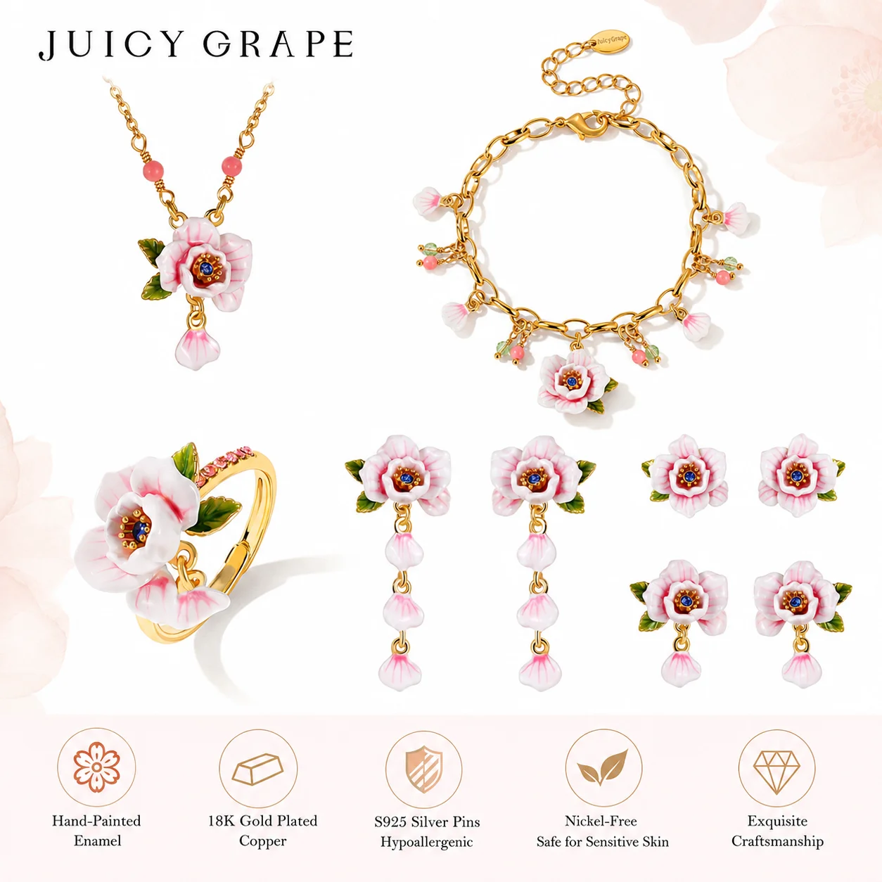 

Juicy Grape Pink Rose Enamel Jewelry Set 18K Gold Plated Necklace Bracelet Ring Earrings Romantic Handmade Flower Gift for Women