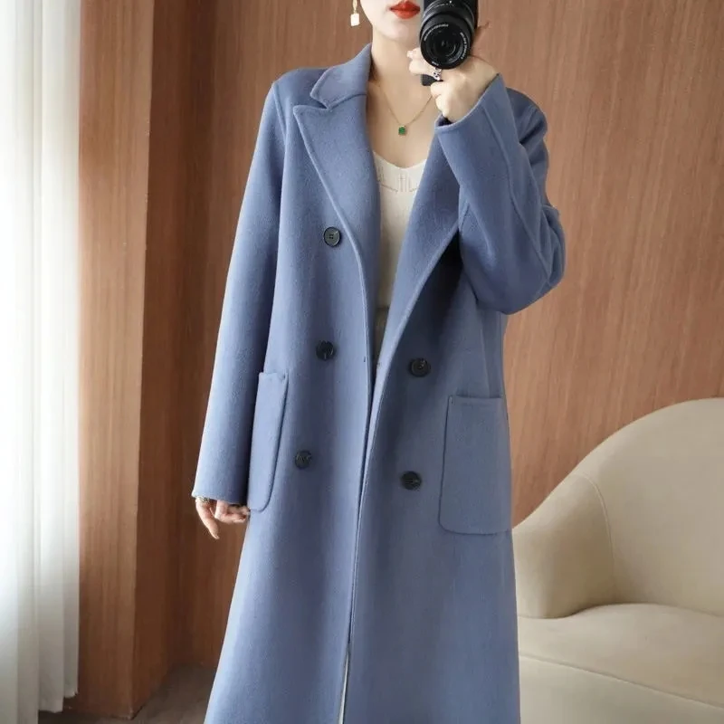 

2024 Autumn/Winter New Korean Women Double sided Cashmere Coat Double breasted Loose 100%Wool Coats Female Casual Long Overcoat