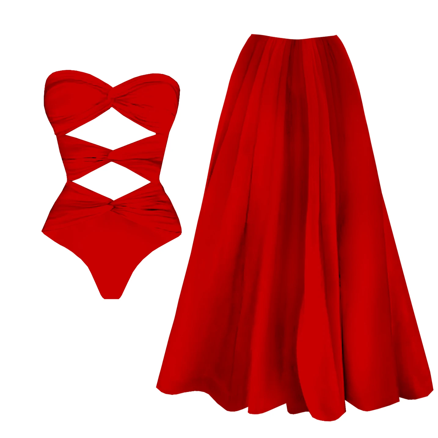 2Pcs Hollow Out Swimsuit Women Sexy Swimwear With Long Skirt Bandeau Bikini Slimming Bathingsuit Female Red Bodysuit Beachwear