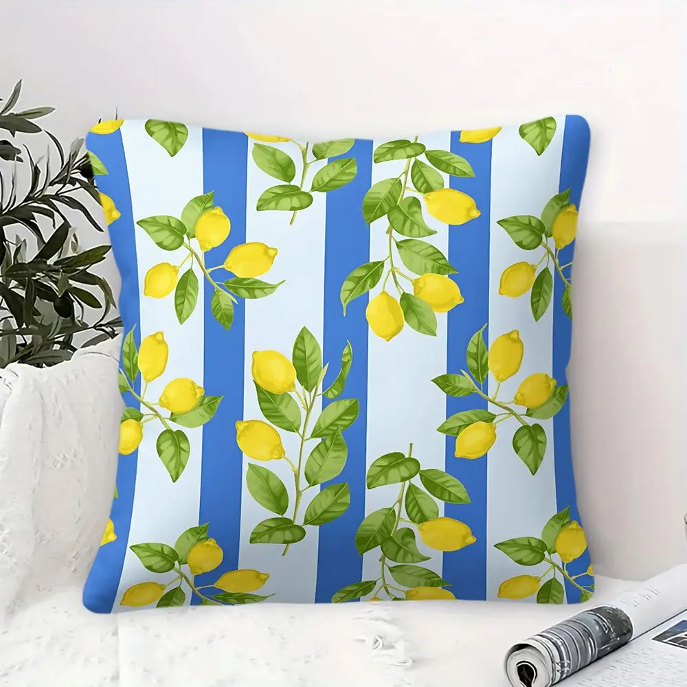 Lemon Blue Striped Print Throw Pillow Cushion Accent Pillow Includes Pillow Core 45×45cm Summer Farm Home Sofa Cushion
