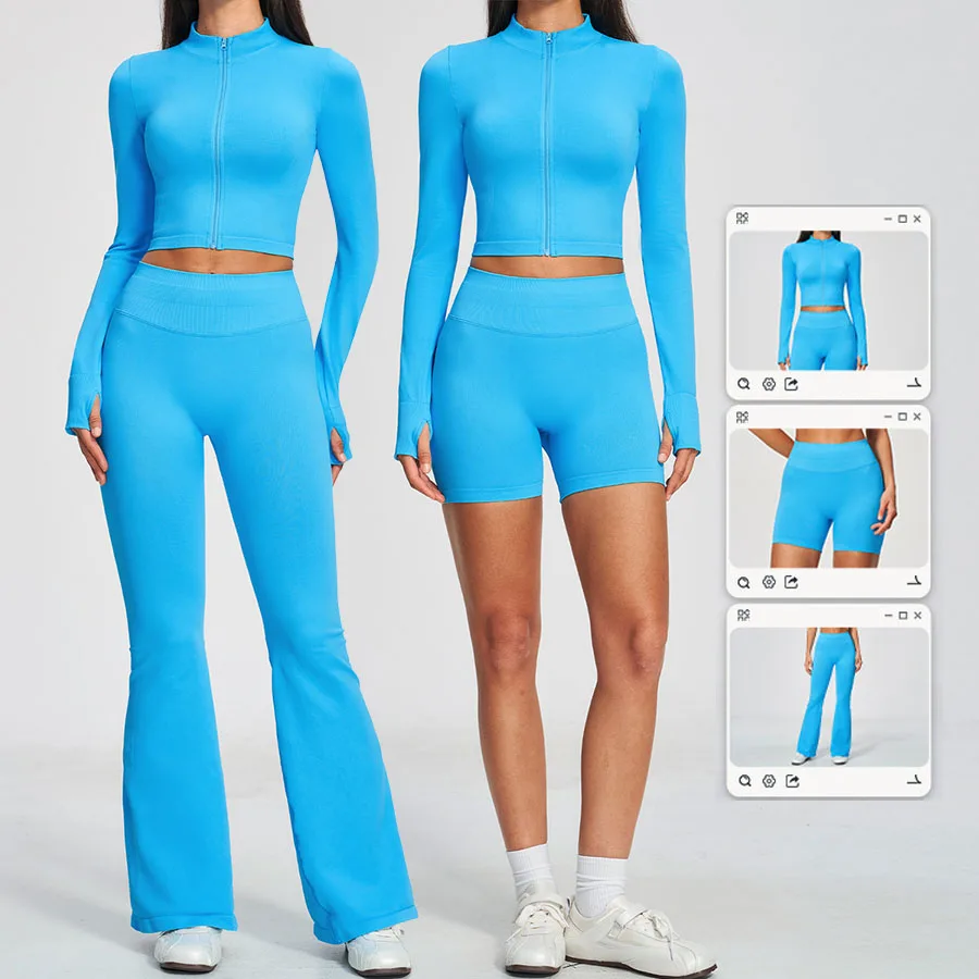 Neues 2-teiliges Yoga-Set, nahtloses Sportoutfit, Damen-Trainingsanzug, Lauf- und Workout-Kleidung, langärmelig, mit Reißverschluss, Sportbekleidung – Detail 1