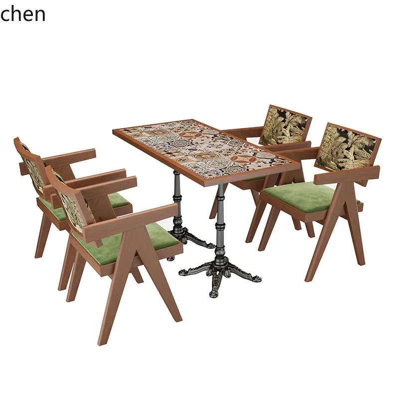 Restaurant Table and Chair Set Commercial Coffee Shop Solid Wood Rock Slab Table