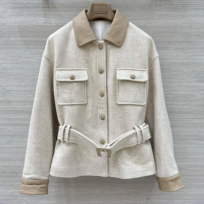 

Top quality high-grade wool-stitched sheepskin women's luxury coat with a waist-cinching belt jacket 25110747