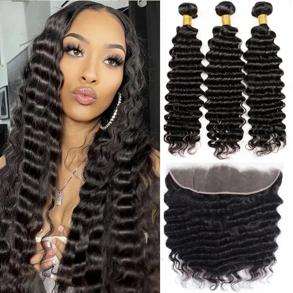 

Deep Wave Hair Bundles 13X4 Frontal Closure Lace Frontal With Bundles Raw Hair Bundles 4X4 Closure Human Hair Bumdles