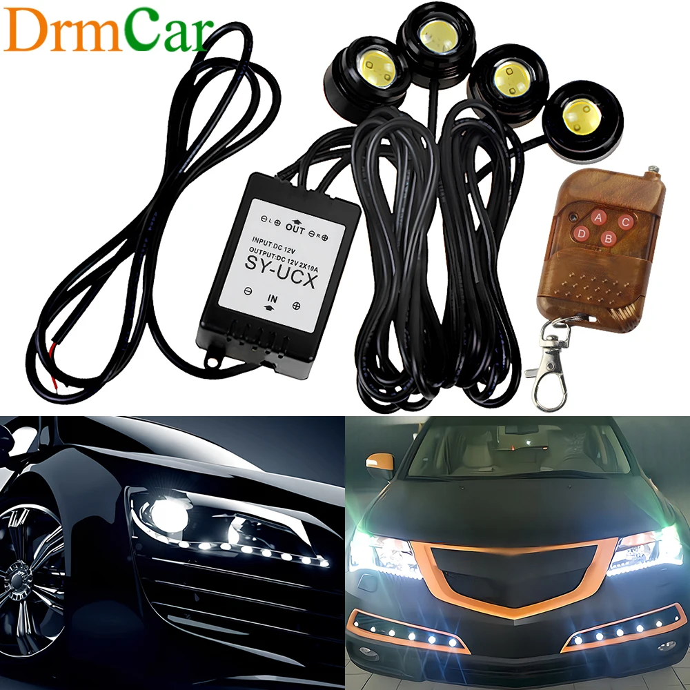 

Car Eagle Eye Strobe Signal Lamp Emergency 4 in 1 Led Wireless Remote Control Drl Daytime Running Light for Truck Motorcycle 12v