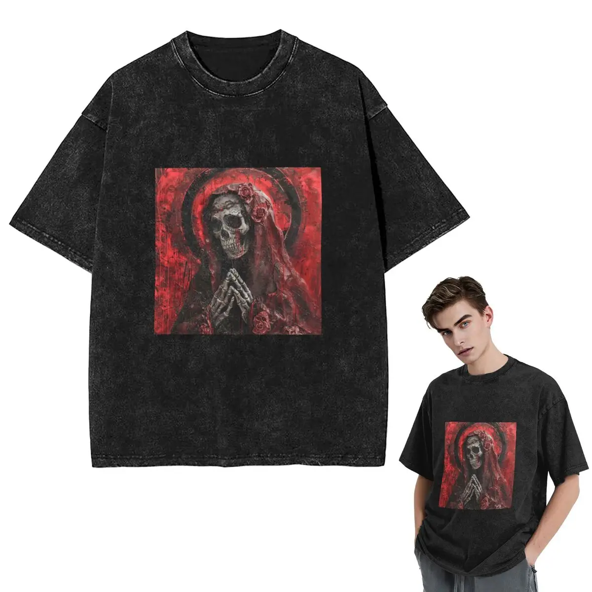 

Уличная футболка Santa Muerte Saint Death Goth Mexican Muertos Skull Washed Футболка с коротким рукавом в стиле хип-хоп Топы Футболки