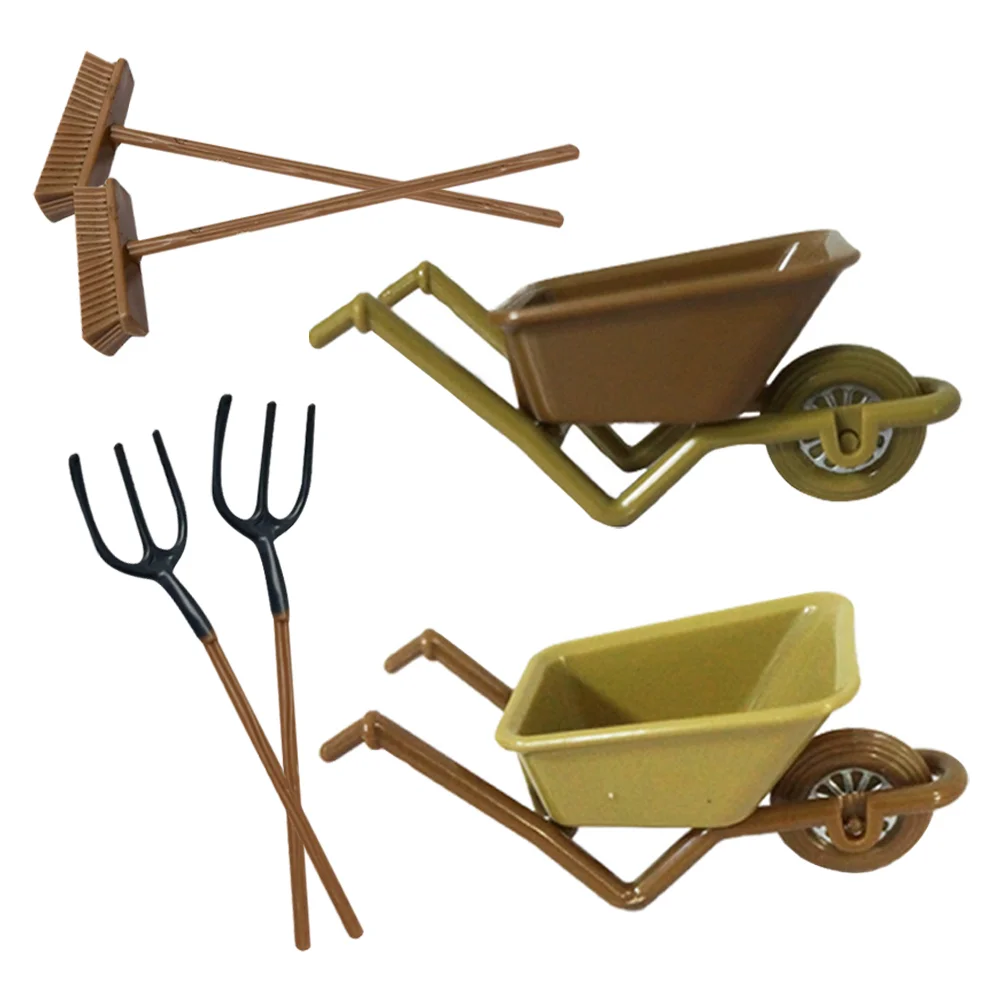 

2 Sets Wheelbarrow Dollhouse Mini Plastic Stroller Child Kids Tools Miniature Pp Figurines Wooden Decor