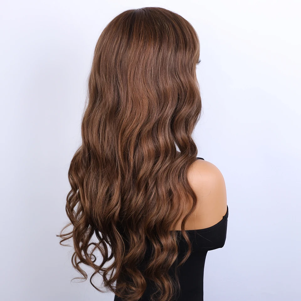 Naturalne brązowe body wave Ludzkie włosy Koronkowe peruki z zasłoną Grzywką Peruwiańskie włosy Remy Gotowe do noszenia Bezklejowe faliste peruki HD z koronką