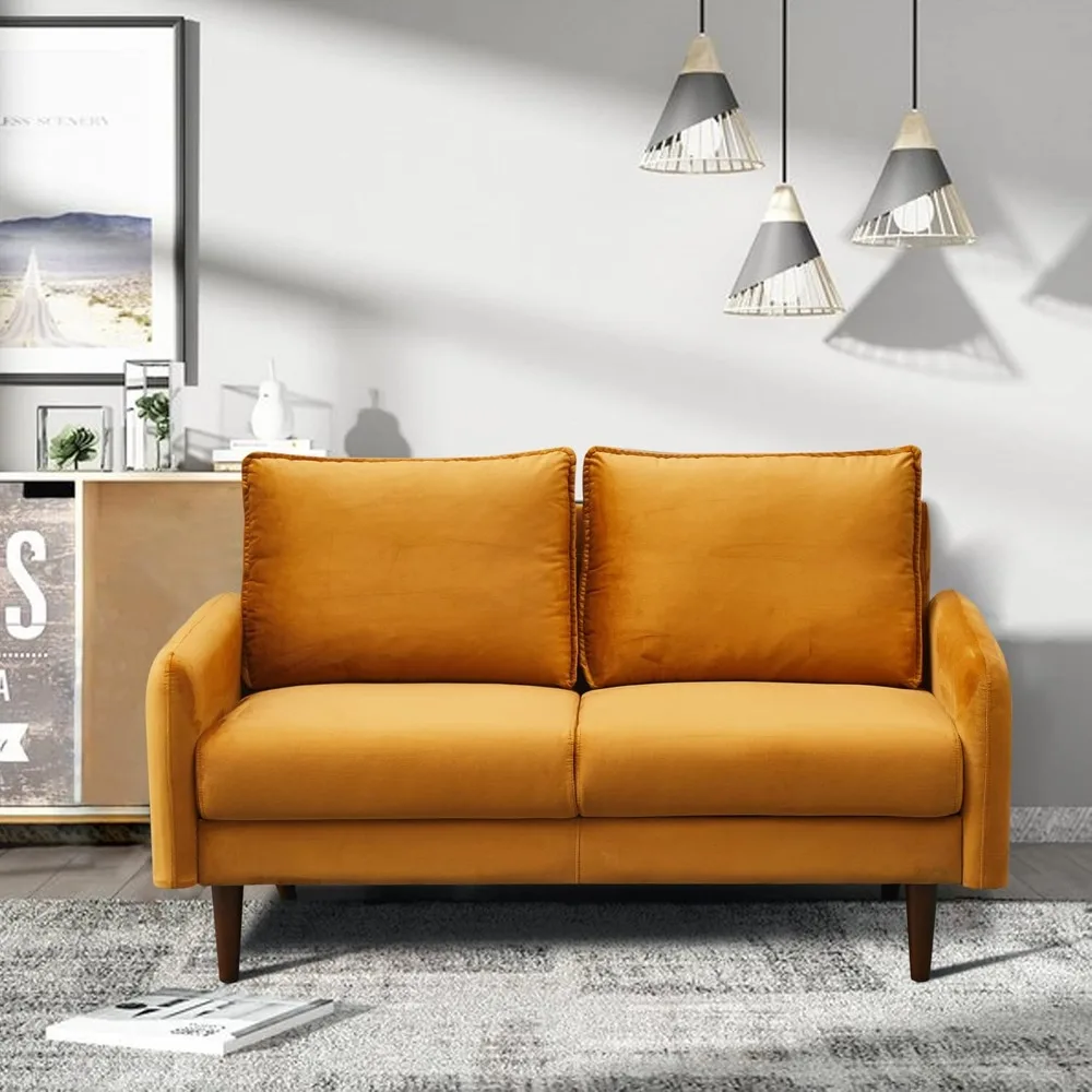 Velvet Loveseat Mid-Century Modern Sofa Tufted Couch with Wooden Legs for Living Room - Ginger