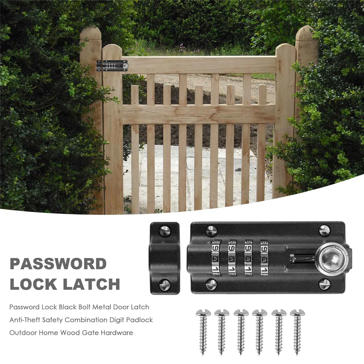 Password Lock Black Bolt Metal Door Latch Anti-Theft Safety Combination Digit Padlock Outdoor Home Wood Gate Hardware