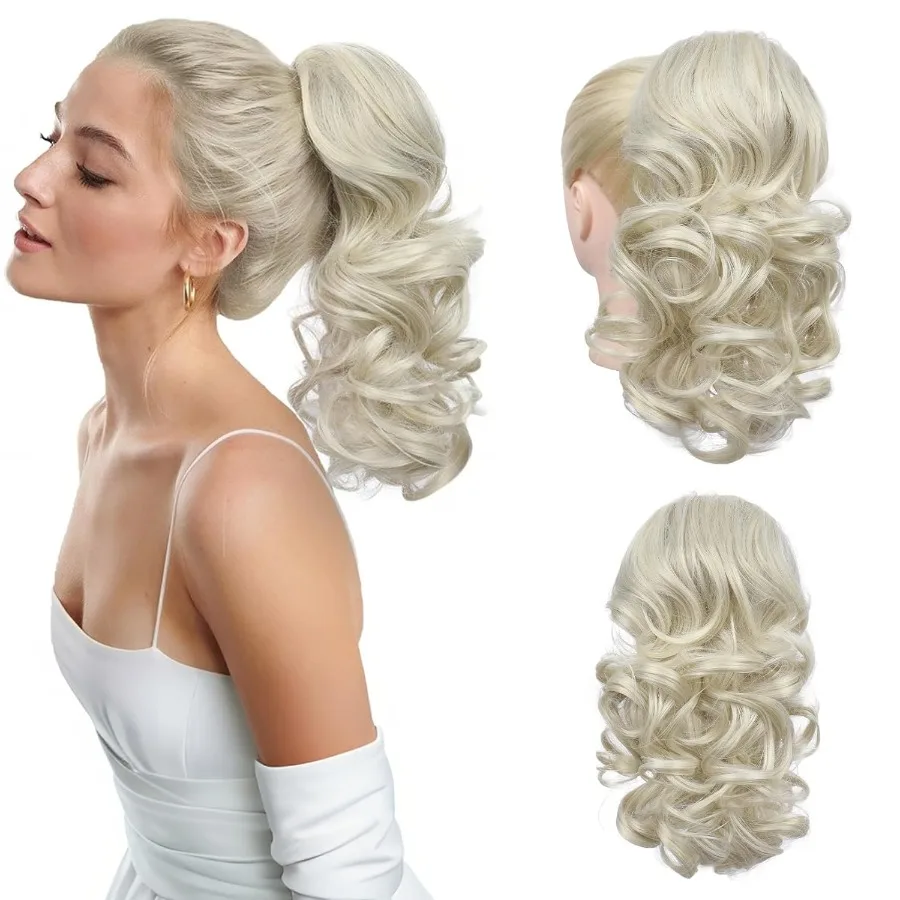 14インチの短いドローストリングポニーテールヘアエクステンション、女性用ソフト合成ポニーテールヘアピース、日常着に最適