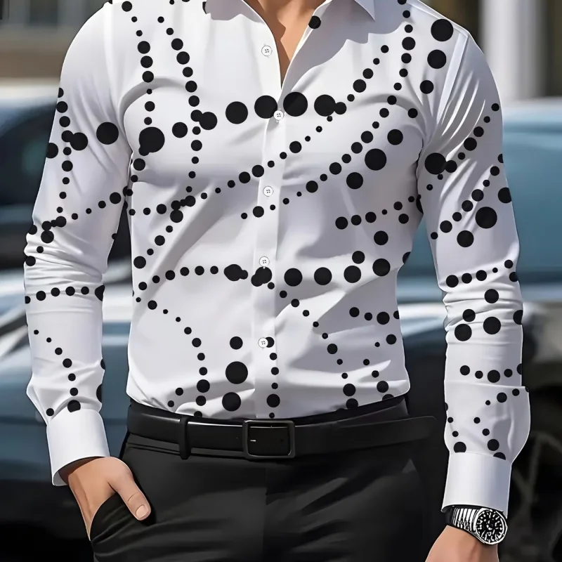 Men's Geometric Polka Dot Print Long Sleeve Shirt Slim Fit Casual Tops Camiseta Manga Longa Ensemble Homme