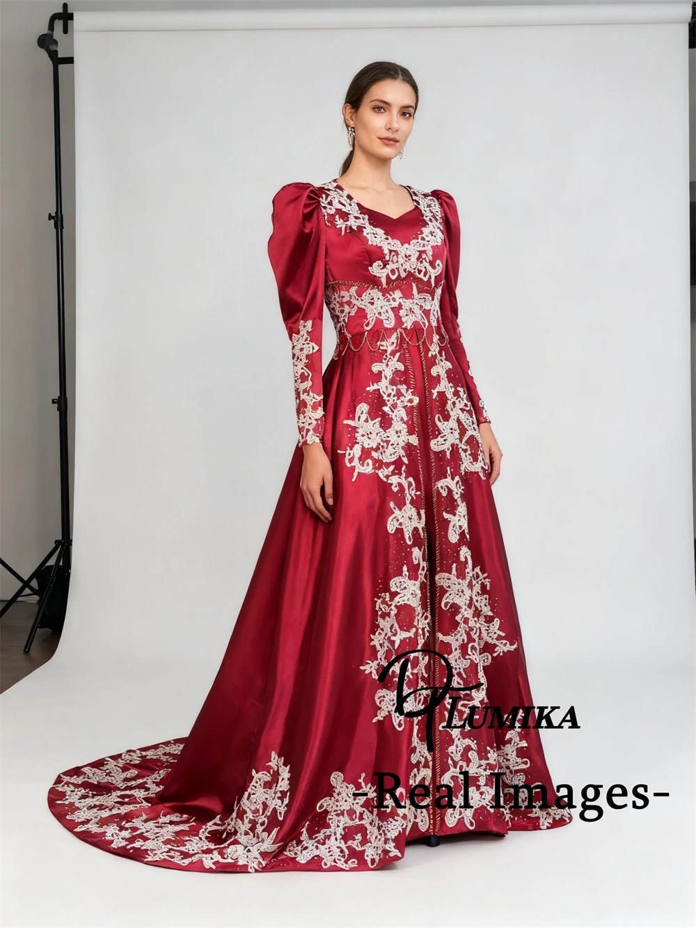 

DTLumika Arabic Maxi Dress Full Sleeves Lace Appliques Long Evening Dresses with Short Tail, Customized Size Party Gowns