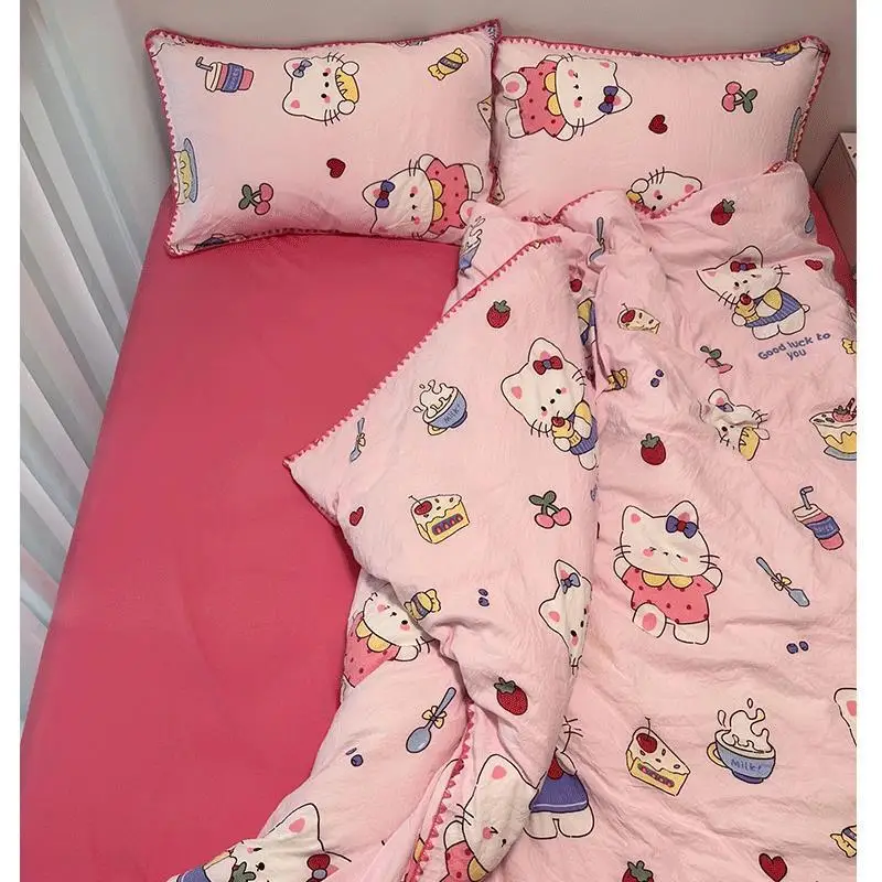 

Kawaii hello kitty bed sheet cover four-piece set Anime Cartoon double yarn bedding home dormitory Home Textile