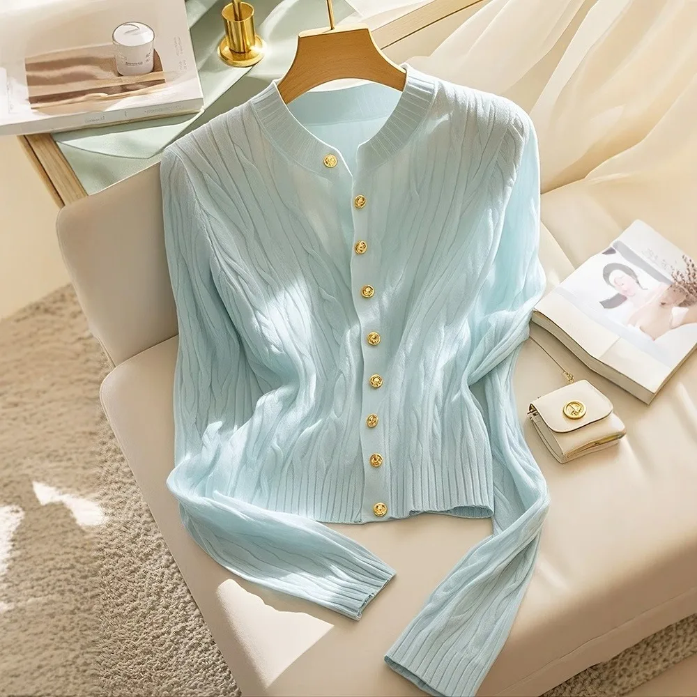 Женский вязаный кардиган свободного покроя, мятно-синий витой трикотаж, весна 202, новинка 202, удобный Sle, чистый цвет, круглый, Ne