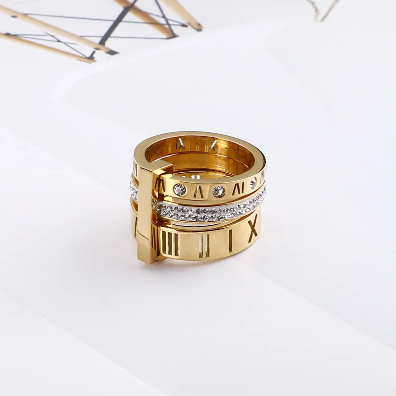 Shiny Zircon Roman Alphabet Three Layers Rings For Women Girl Muticolor Stainless Steel Women\'s Ring Party Wedding Jewelry Gifts