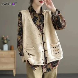 V-neck Sleeveless Designer Knitwear Sweater Vest Vintage Embroidery Loose S-3xl Women Sweater Fashion Streetwear Cardigan Vest