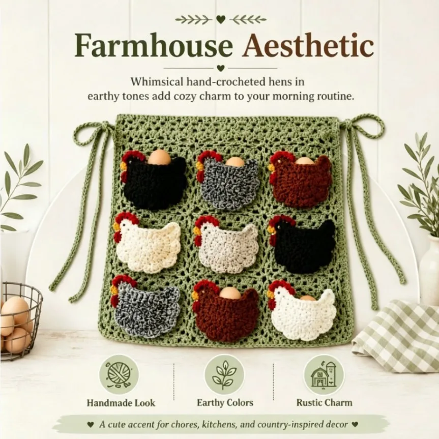

Crochet Chicken Egg Collecting Apron, Handmade Rustic Farmhouse Apron with 9 Pockets, Reusable for Farm Backyard Kitchen