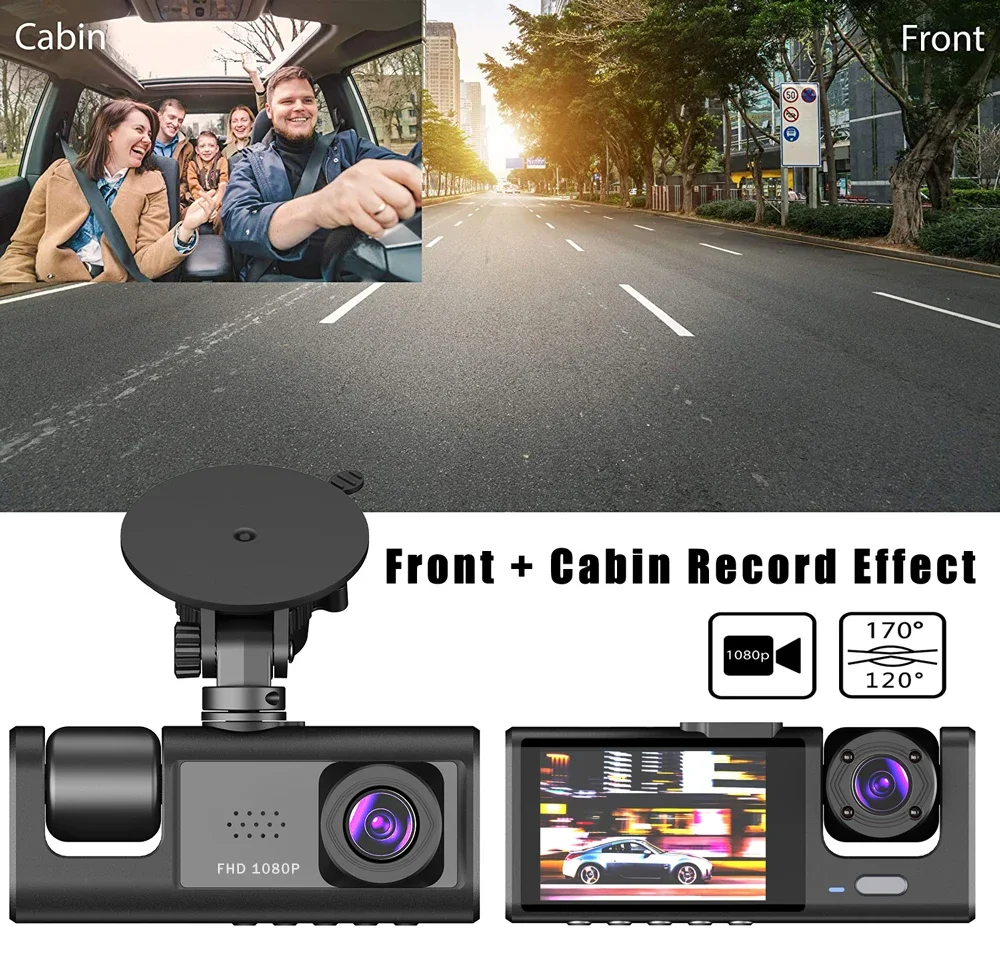 2.0Inch Car DVR Dash Cam HD Dash Camera Three Way Lens Video Recorder 1080P Black Box Cycle Recording Dashcam Camcorder