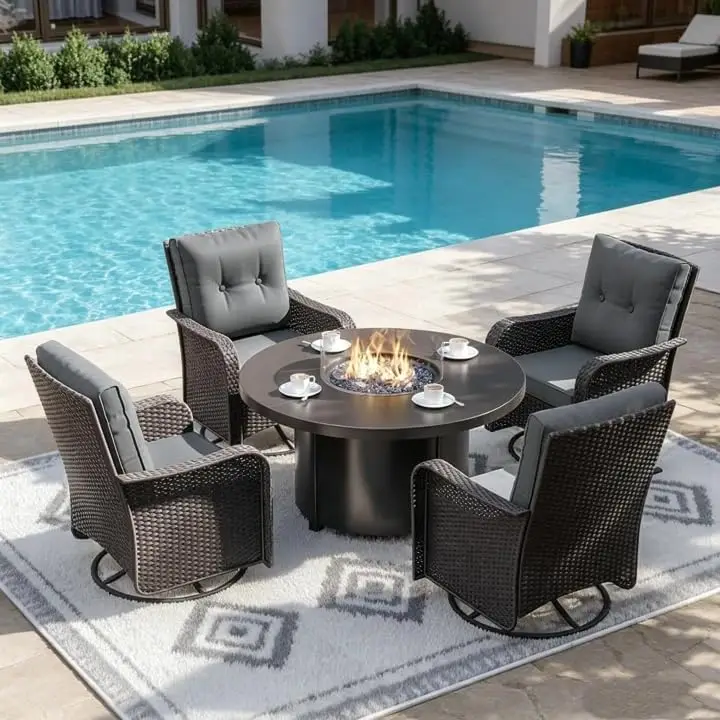 7-Piece Swivel Rocking Chair Set with 40,000 BTU Fire Pit Table, Wicker Patio Furniture for Poolside & Garden, Grey, Customized