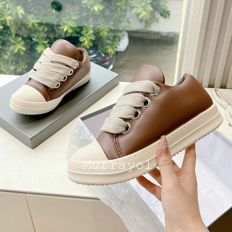 Genuine Leather Thick Bottom Flat Shoes Solid Color Lace Up Casual Shoes Spring Autumn Sneaker Unisex Walking Shoes Bread Shoes