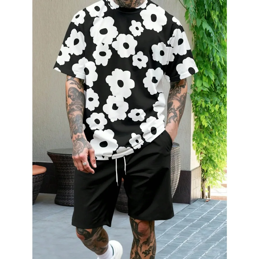 

Men's Graphic Printed O-neck T-shirts Shorts 2-piece Set Trendy Men's Clothing 2025 Summer Plus Size Loose Short Sleeve Tee