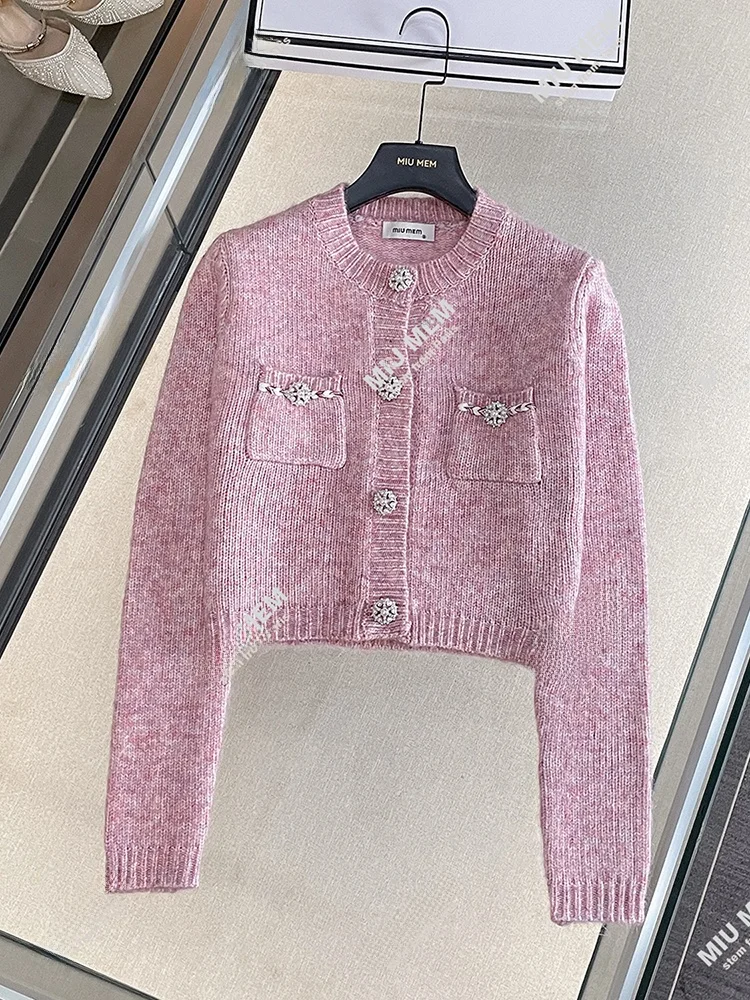 

Розовый вязаный кардиган с роскошной отделкой в виде ромбов для женщин, мягкий, осенне-зимний, модный, высококачественный, в европейском стиле, женская куртка