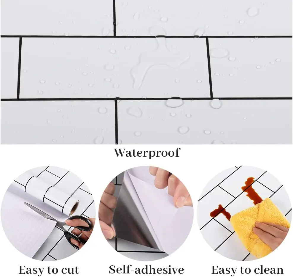 PET Waterproof Foil White Ceramic Tile Decor Contact Paper for Home Wall Refurbish Self Adhesive Removable Oil Proof Wallpaper