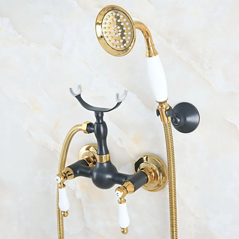 

Black Oil Rubbed & Gold Brass Wall Mount Bathtub Faucet with Handheld Shower Set +1500MM Hose Mixer Tap 2na564