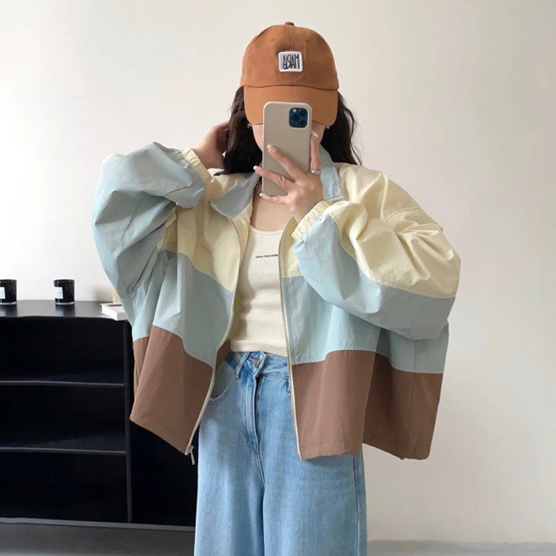 

Hong Kong Style Stitching Color Contrast Collar Jacket Coat Women's Spring Autumn Thin Windproof Sun-Proof Cardigan Top Short